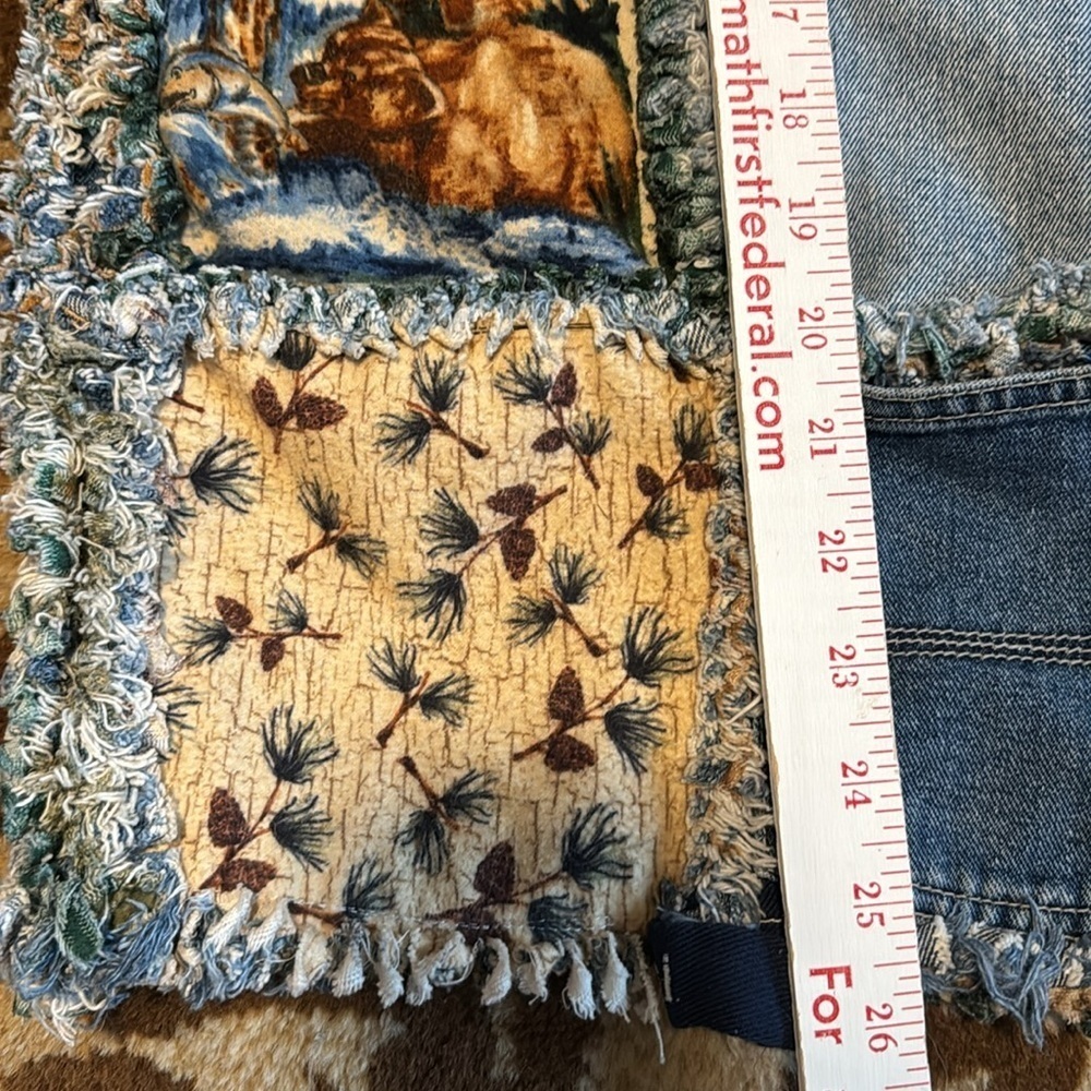 Boho Western Hand Crafted Denim Fringe Patchwork Jacket Coat Womens S-L Quirky - Picture 13 of 16